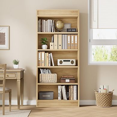 5 Tier Farmhouse Bookshelf with Display Rack and Fluted Design
