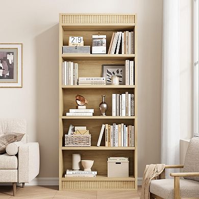 5 Tier Farmhouse Bookshelf with Display Rack and Fluted Design