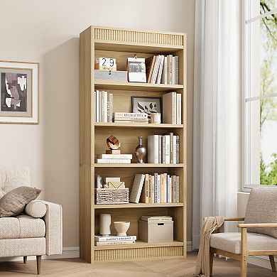 5 Tier Farmhouse Bookshelf with Display Rack and Fluted Design