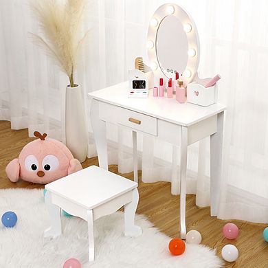 Kids Vanity Set, Pretend Play Girls Vanity Table and Chair Set with Lighted Mirror, Stool