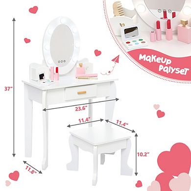 Kids Vanity Set, Pretend Play Girls Vanity Table and Chair Set with Lighted Mirror, Stool