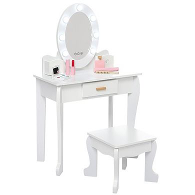 Kids Vanity Set, Pretend Play Girls Vanity Table and Chair Set with Lighted Mirror, Stool