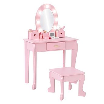 Kids Vanity Set, Pretend Play Girls Vanity Table and Chair Set with Lighted Mirror, Stool