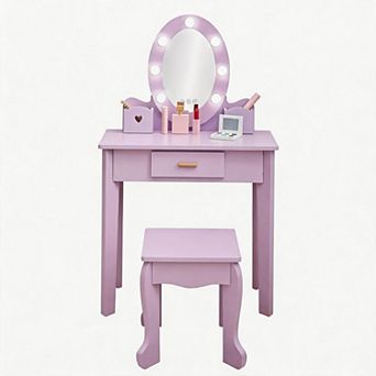 Kids Vanity Set, Pretend Play Girls Vanity Table and Chair Set with Lighted Mirror, Stool
