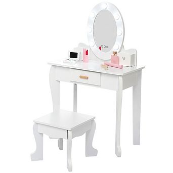 Kids Vanity Set, Pretend Play Girls Vanity Table and Chair Set with Lighted Mirror, Stool