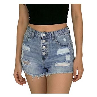 Women's High Waisted Distressed Denim Shorts Button Fly Raw Hem Jean Short Casual Cutoff Shorts
