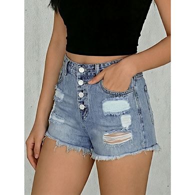 Women's High Waisted Distressed Denim Shorts Button Fly Raw Hem Jean Short Casual Cutoff Shorts