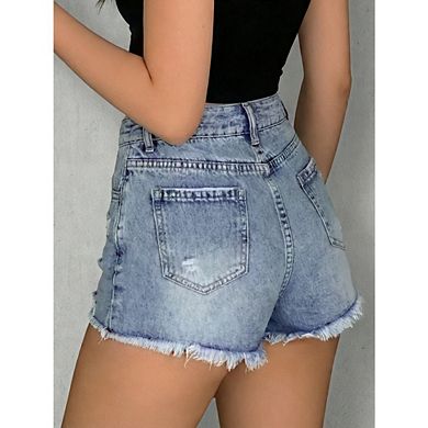 Women's High Waisted Distressed Denim Shorts Button Fly Raw Hem Jean Short Casual Cutoff Shorts