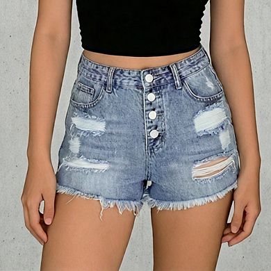 Women's High Waisted Distressed Denim Shorts Button Fly Raw Hem Jean Short Casual Cutoff Shorts