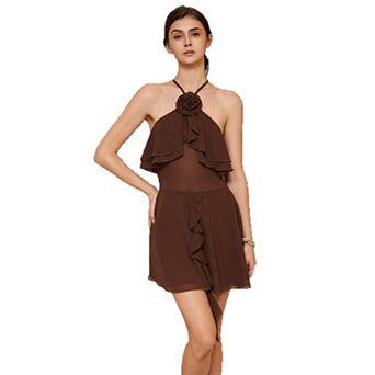 Women's Halter Neck Ruffle Beach Dresses Open Back Chiffon Mini Cover-Up Dress