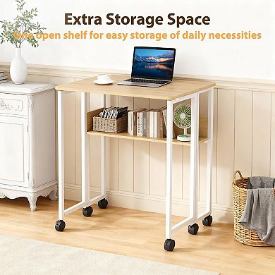 31.5" Folding Desk Rolling Desk with Storage Shelf,Computer Desk,Mobile Couch Sofa Side Table