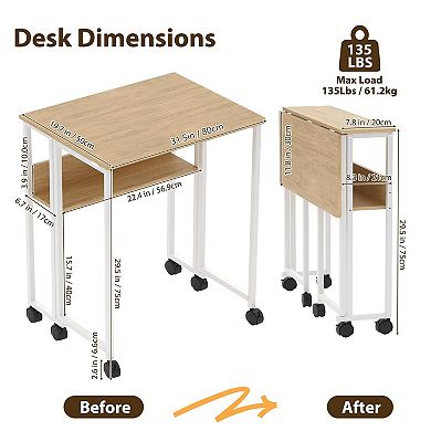 31.5" Folding Desk Rolling Desk with Storage Shelf,Computer Desk,Mobile Couch Sofa Side Table