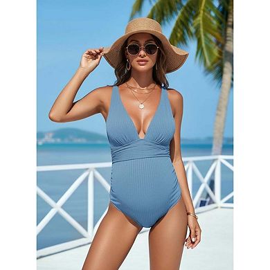 Seoria Womens Maternity Deep V Neck Ribbed One Piece Swimsuit With Waist Wrap
