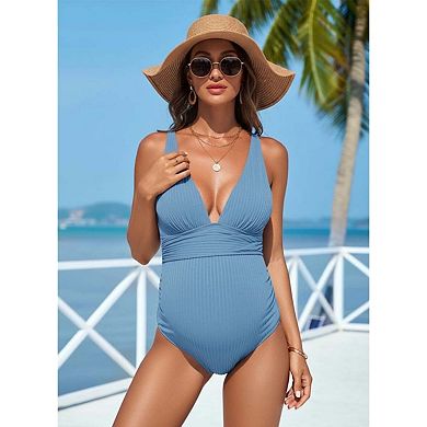 Seoria Womens Maternity Deep V Neck Ribbed One Piece Swimsuit With Waist Wrap