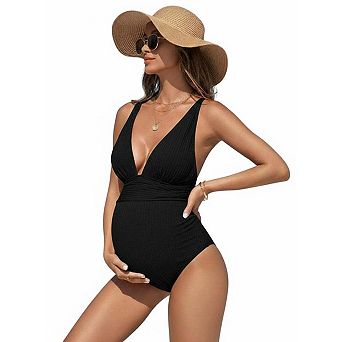 Seoria Womens Maternity Deep V Neck Ribbed One Piece Swimsuit With Waist Wrap