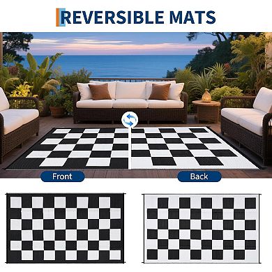 Checkerboard Outdoor Rug, Reversible Woven Plastic Straw Patio Mat