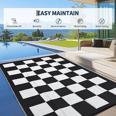 Checkerboard Outdoor Rug, Reversible Woven Plastic Straw Patio Mat