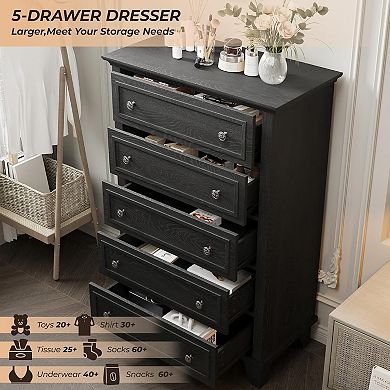 Spacious Storage Solution 5 Drawer Dresser, Tall Modern Wooden Chest with Wide Deep Drawers