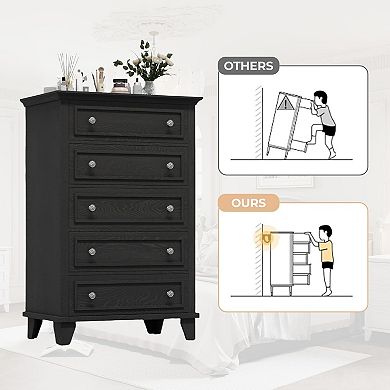 Spacious Storage Solution 5 Drawer Dresser, Tall Modern Wooden Chest with Wide Deep Drawers