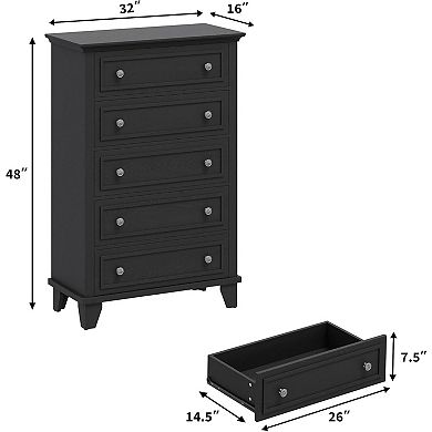 Spacious Storage Solution 5 Drawer Dresser, Tall Modern Wooden Chest with Wide Deep Drawers