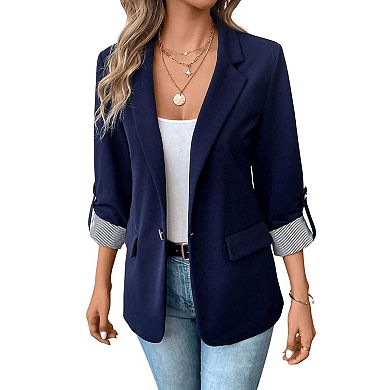 Women's Casual Blazer, Roll-Up 3/4 Sleeve Open Front Work Jacket with Striped Cuffs
