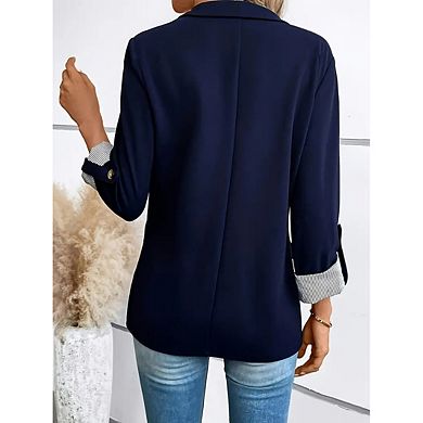 Women's Casual Blazer, Roll-Up 3/4 Sleeve Open Front Work Jacket with Striped Cuffs