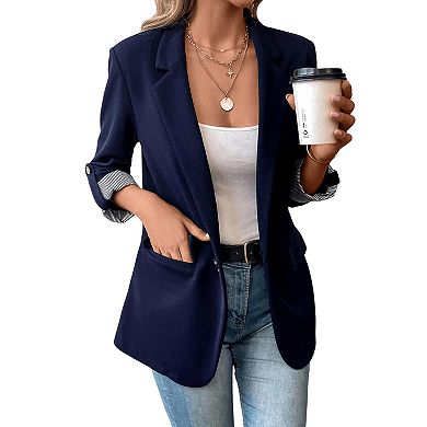 Women's Casual Blazer, Roll-Up 3/4 Sleeve Open Front Work Jacket with Striped Cuffs