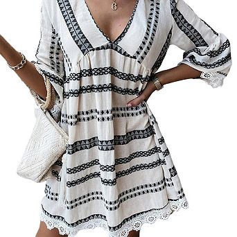 Boho Dresses for Women V Neck 3/4 Lace Sleeve Ethnic Print Tunic Beach Summer Mini Sundress