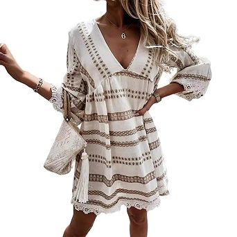Boho Dresses for Women V Neck 3/4 Lace Sleeve Ethnic Print Tunic Beach Summer Mini Sundress