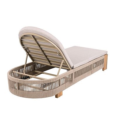 Eazegath Outdoor Wood and Rope Adjustable Backrest Chaise Lounge Chair with Beige Cushion