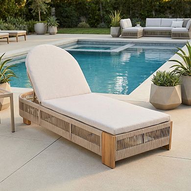 Eazegath Outdoor Wood and Rope Adjustable Backrest Chaise Lounge Chair with Beige Cushion