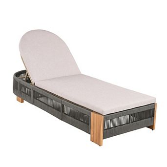 Eazegath Outdoor Wood and Rope Adjustable Backrest Chaise Lounge Chair with Beige Cushion