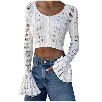 Women's Knitted Openwork Long Sleeved Cardigan Bell Sleeves Fashionable Long Sleeved Cardigan
