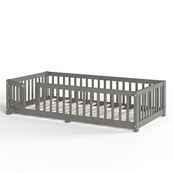 Pnronnc Floor Grounded Bed Montessori Toddler Bed Wood Frame Kids Bed with Guardrails and Door