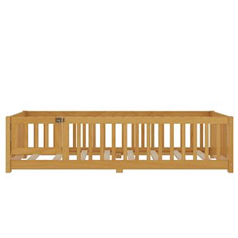 Pnronnc Floor Grounded Bed Montessori Toddler Bed Wood Frame Kids Bed with Guardrails and Door