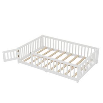 Pnronnc Floor Grounded Bed Montessori Toddler Bed Wood Frame Kids Bed with Guardrails and Door