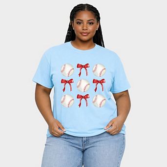 Baseballs and Red Bows Watercolor - Women's Plus Sized Garment Dyed Graphic T-Shirt