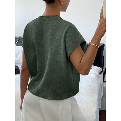 Women's Flower Embossed Knit Top Short Sleeve Crew Neck Sweater Vest
