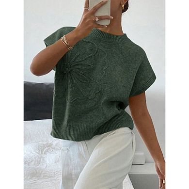 Women's Flower Embossed Knit Top Short Sleeve Crew Neck Sweater Vest