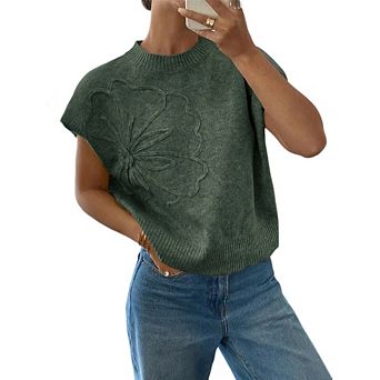 Women's Flower Embossed Knit Top Short Sleeve Crew Neck Sweater Vest
