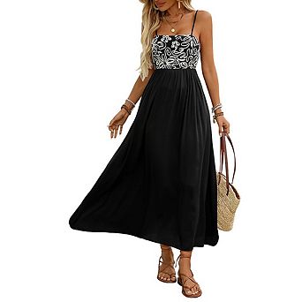 Women's Summer Cami Dresses Spaghetti Strap Shirred Floral Printing Patch Flowy Midi Sundress
