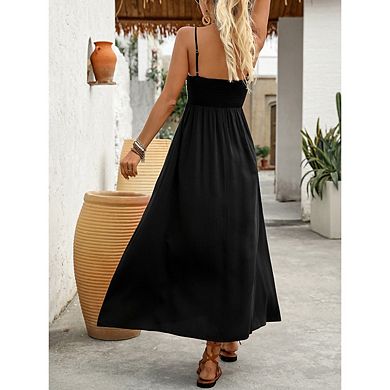 Women's Summer Cami Dresses Spaghetti Strap Shirred Floral Printing Patch Flowy Midi Sundress