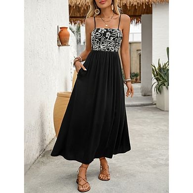 Women's Summer Cami Dresses Spaghetti Strap Shirred Floral Printing Patch Flowy Midi Sundress