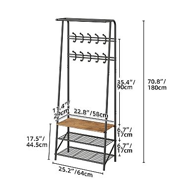 Hall Tree with Bench and Shoe Storage, 5/6/10 Hooks & 3-Tier Metal Coat Rack for Entryway Hallway