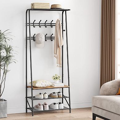 Hall Tree with Bench and Shoe Storage, 5/6/10 Hooks & 3-Tier Metal Coat Rack for Entryway Hallway