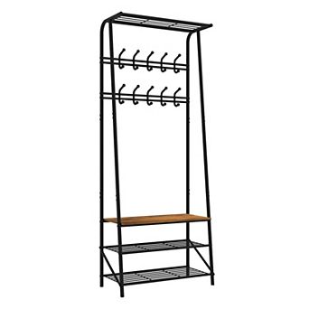 Hall Tree with Bench and Shoe Storage, 5/6/10 Hooks & 3 tier Metal Coat Rack for Entryway Hallway