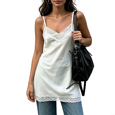 Women's Lace Trim Draped Cami Top, Soft Satin Elegant Layering Camisole for Daily & Evening