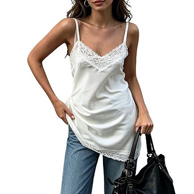 Women's Lace Trim Draped Cami Top, Soft Satin Elegant Layering Camisole for Daily & Evening