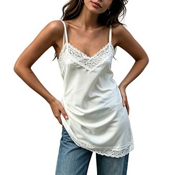 Women's Lace Trim Draped Cami Top, Soft Satin Elegant Layering Camisole for Daily & Evening