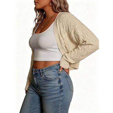 Women's Plus Size Long Sleeve Cropped Cardigan Knit Open Front Bolero Shrug Crochet Sweaters
